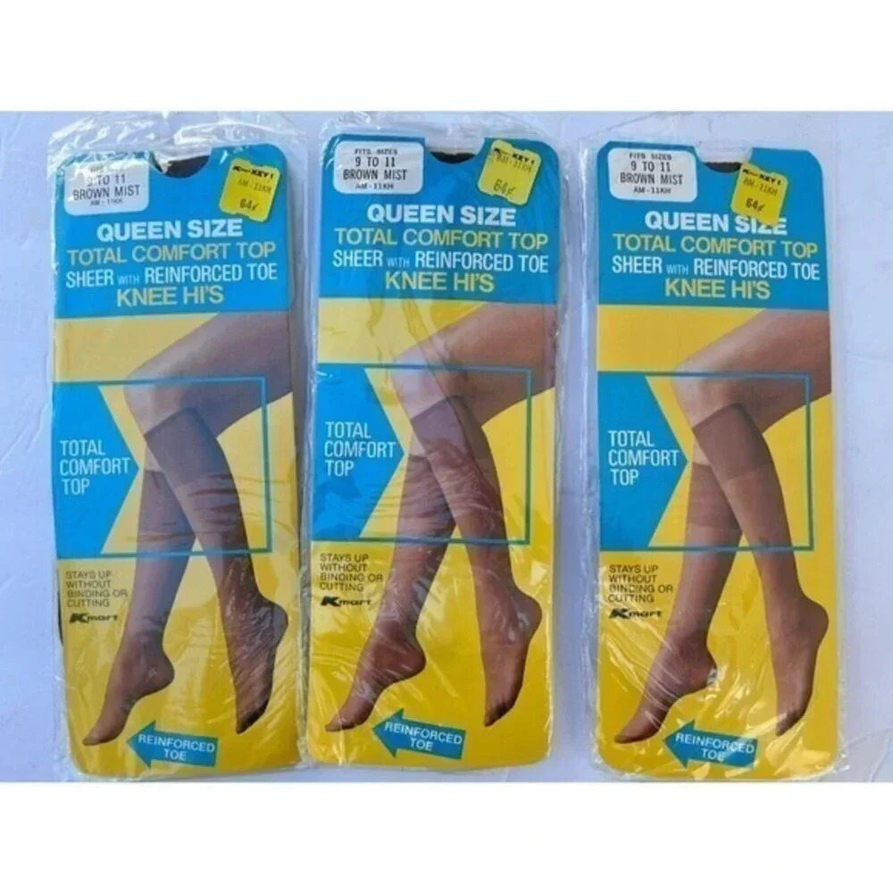 Vintage Kmart Queen Size‎ Comfort Top Reinforced Toe Knee Hi's 3 Brown Mist 9-11